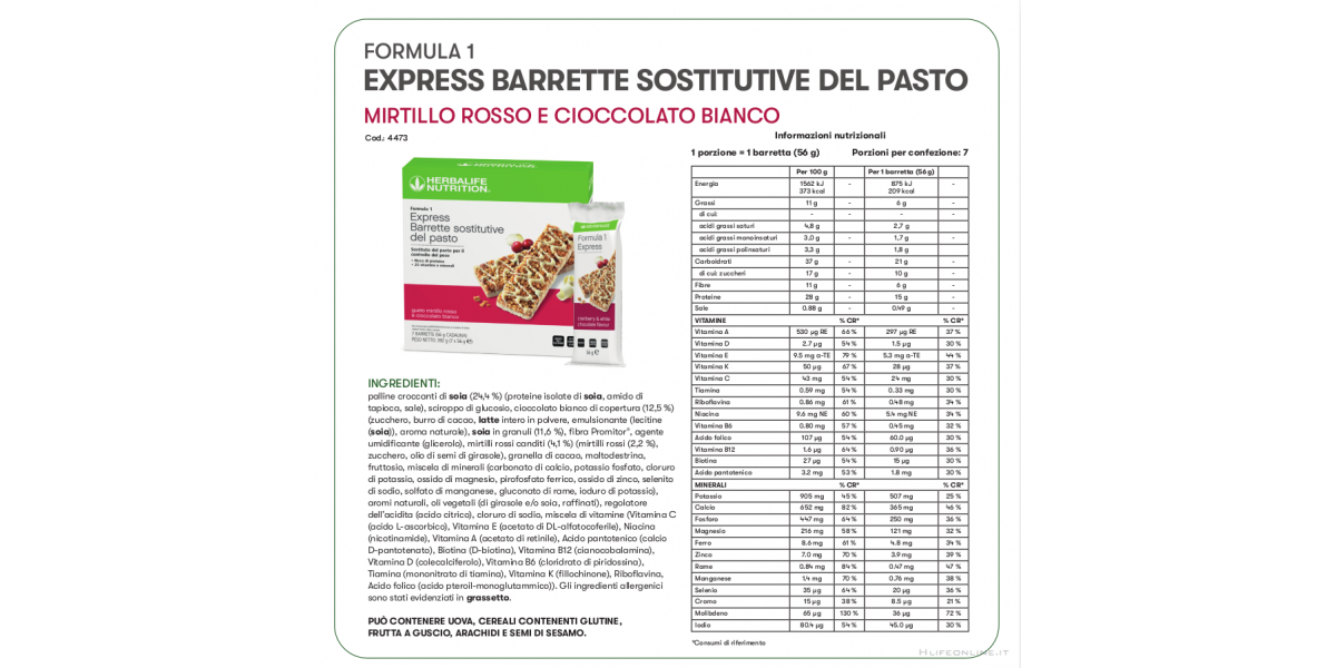 Formula 1 Express - barrette sostitutive del pasto Herbalife - gusto  Mirtillo rosso e Cioccolato bianco